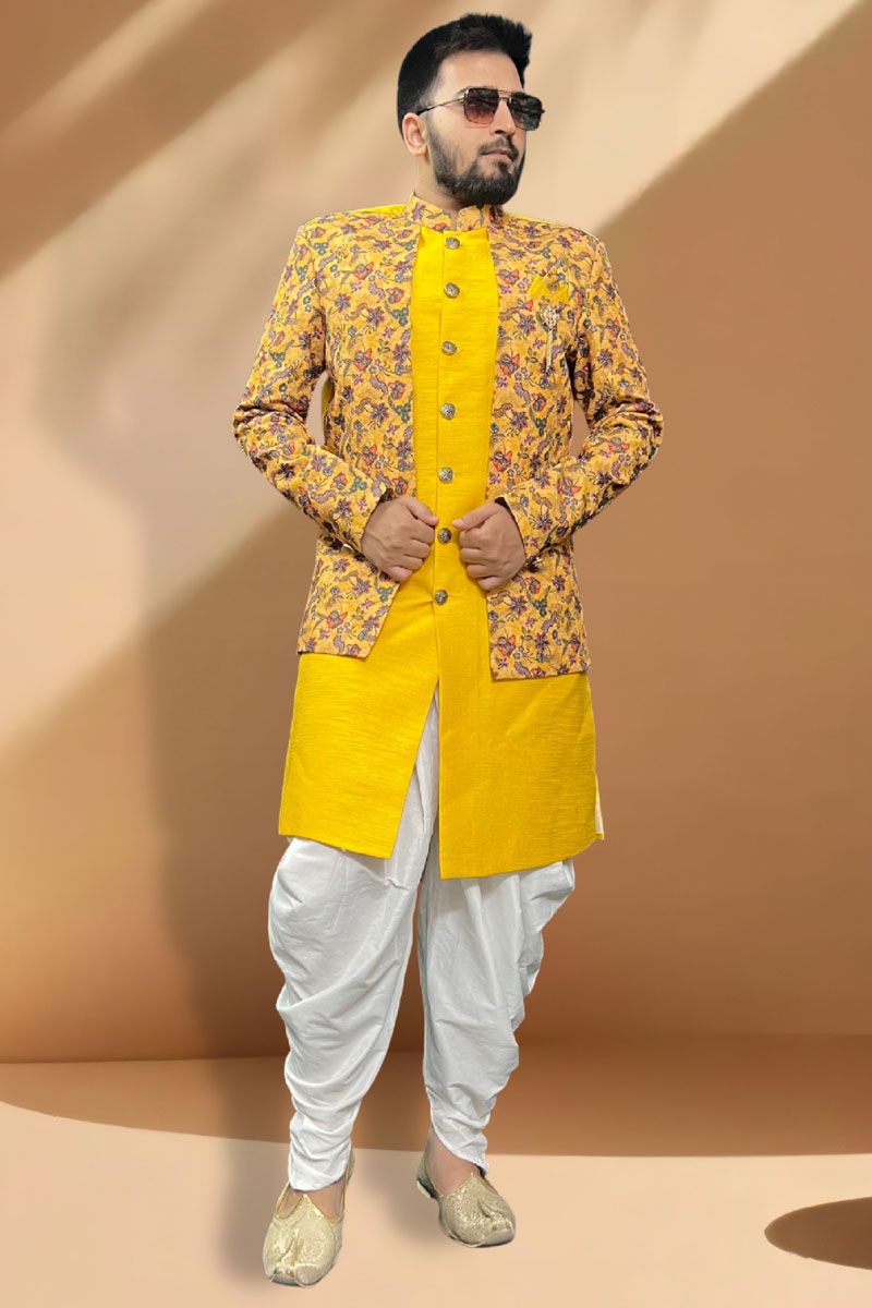 Enriching Yellow Readymade Silk Peshawari Style Indo Western Set