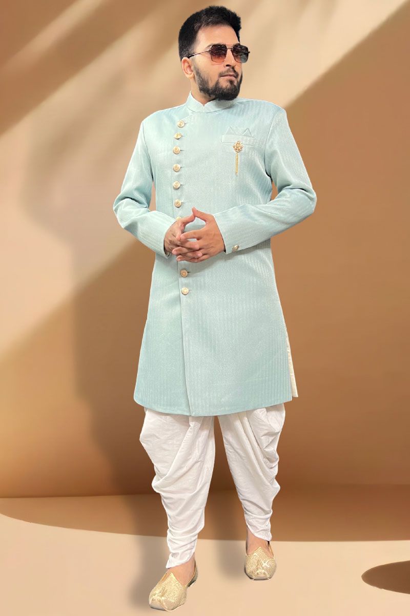  Majestic Light Cyan Jacquard Readymade Peshawari Style Indo Western Set