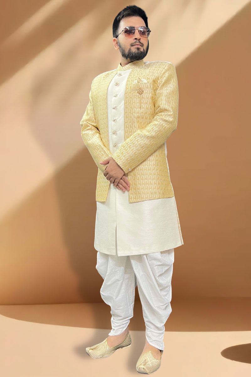 Remarkable Cream Silk Readymade Peshawari Style Indo Western Set