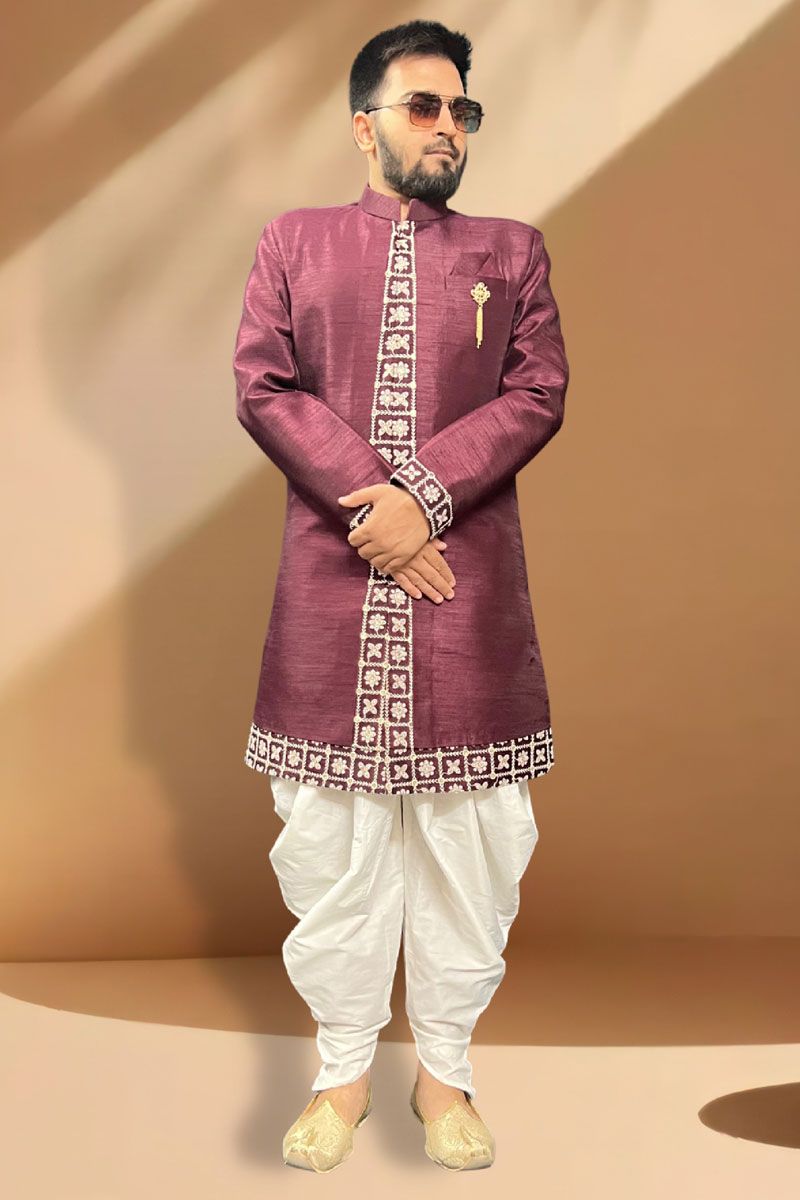 Burgundy Silk Readymade Magnificent Peshawari Style Indo Western Set