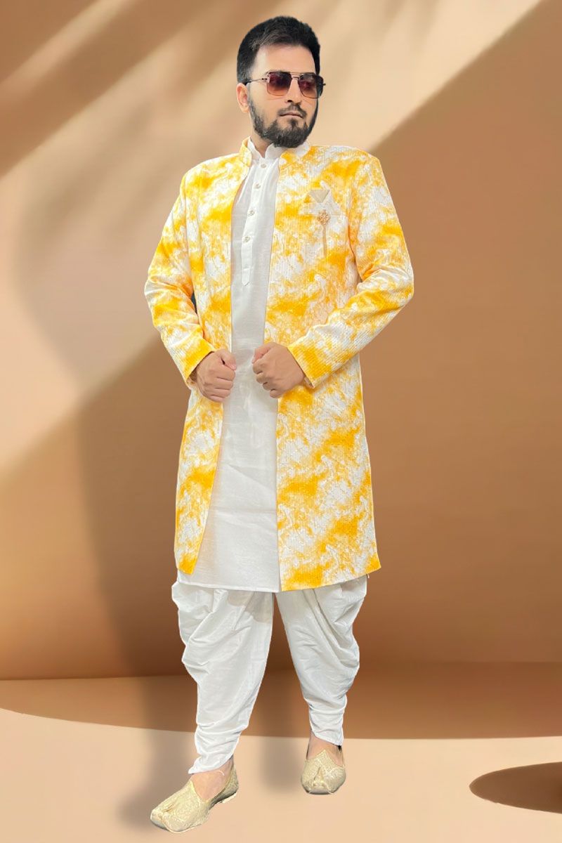 Trendy Textured Yellow Silk Readymade Peshawari Style Indo Western Set