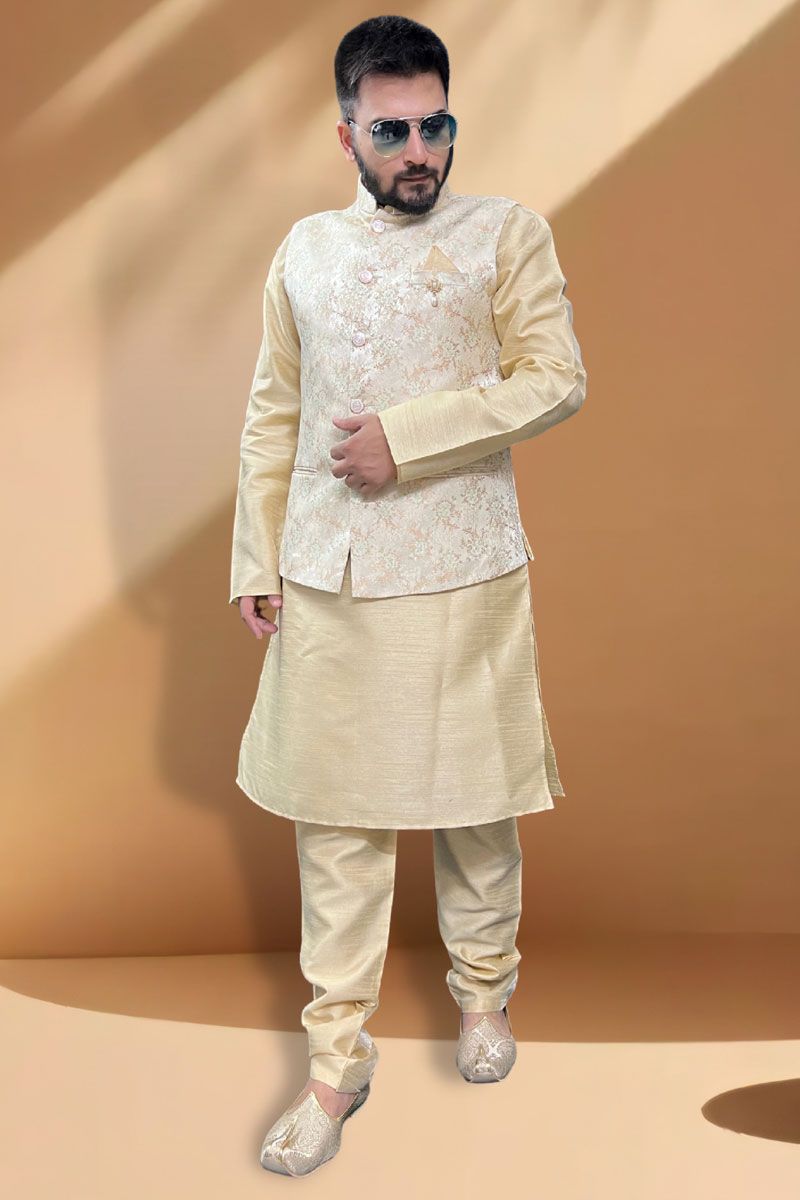 Enriching Beige Silk Readymade Kurta Churidar With Jacket