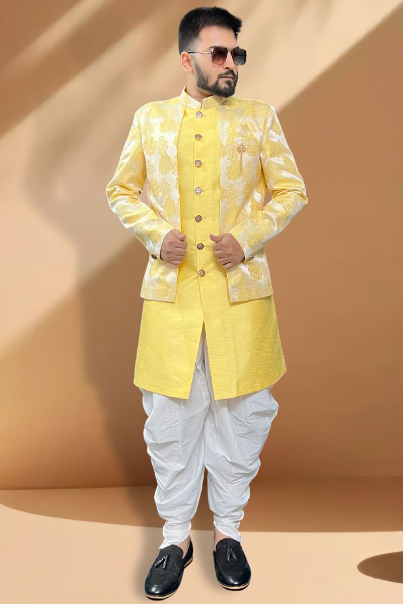 Yellow Silk Readymade Lavish Peshawari Style Indo Western Set