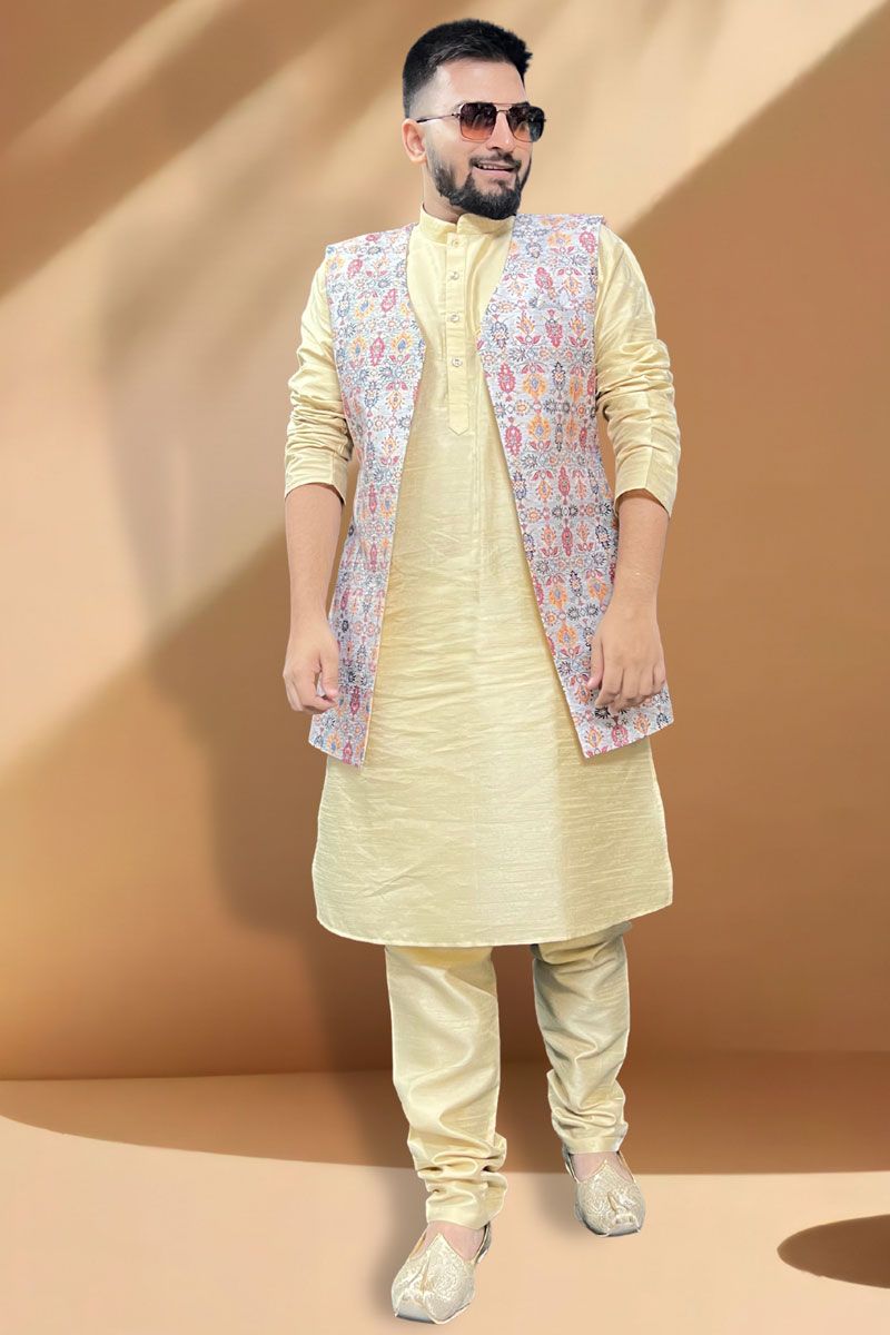 Appealing Silk Fabric Function Wear Cream Kurta Pyjama With Grey Jacket