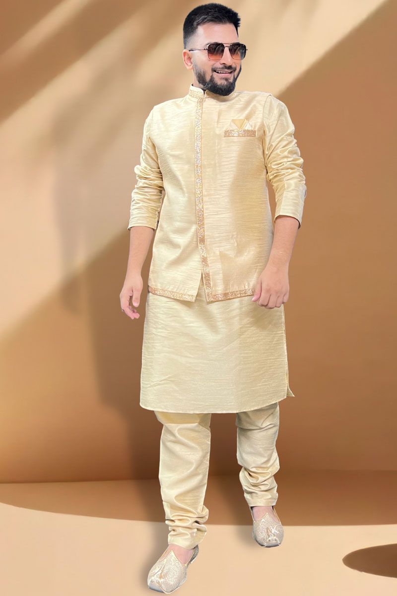 Captivating Silk Fabric Function Wear Cream Kurta Pyjama With Golden Jacket