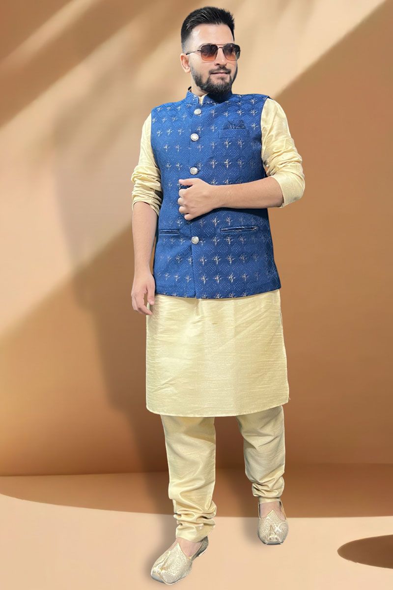 Fetching Silk Fabric Function Wear Cream Kurta Pyjama With Blue Jacket