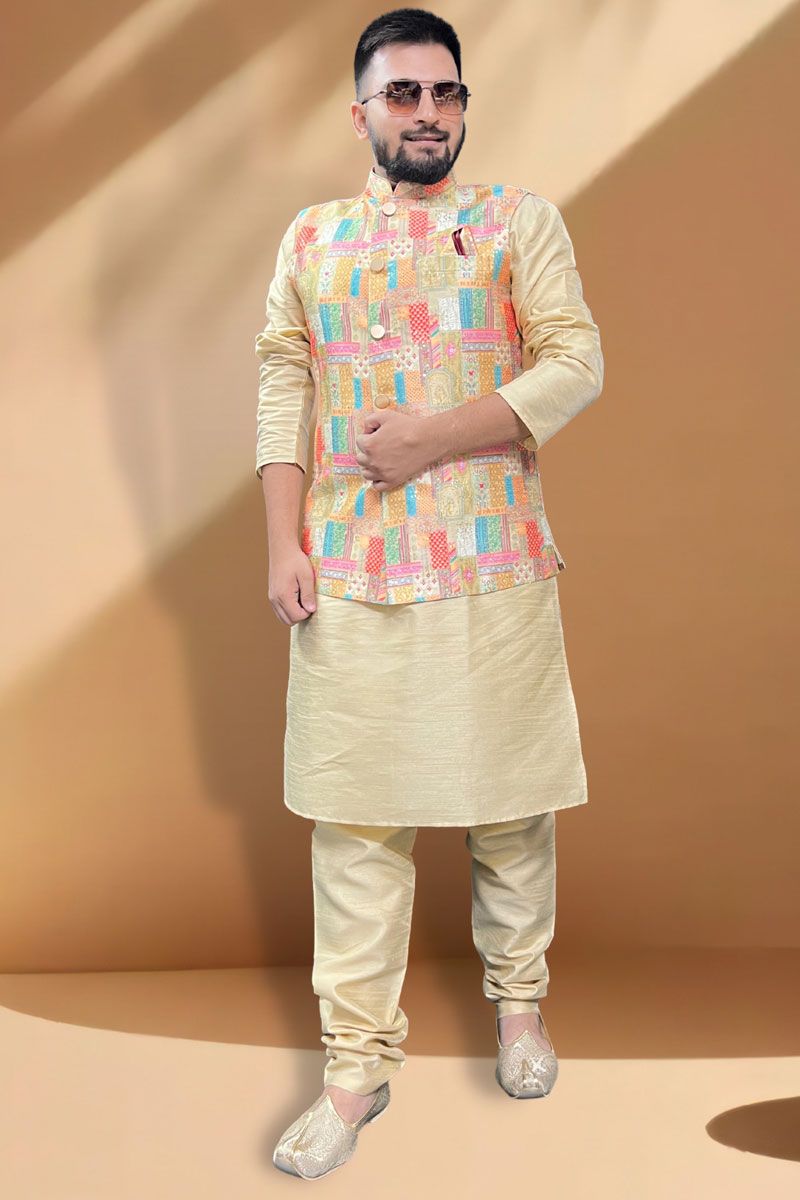 Fantastic Silk Fabric Function Wear Cream Kurta Pyjama With Multi Jacket