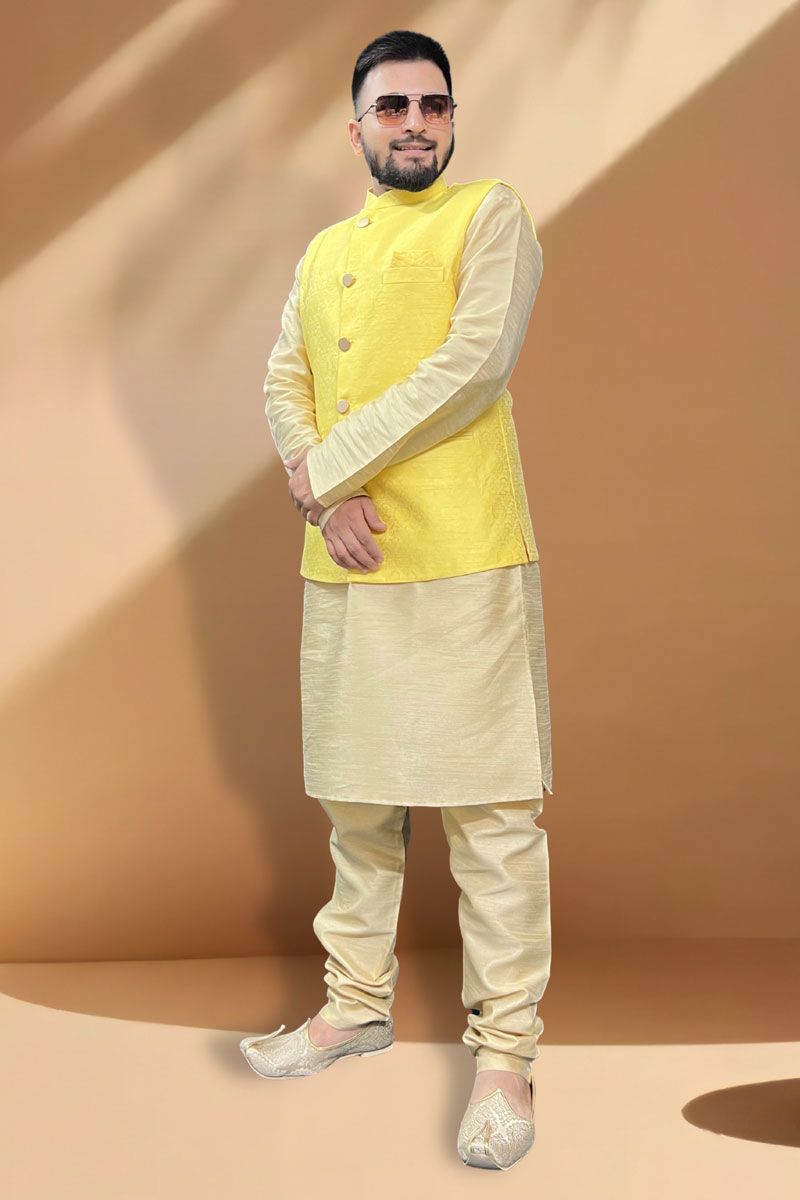 Dusky Silk Fabric Function Wear Cream Kurta Pyjama With Yellow Jacket