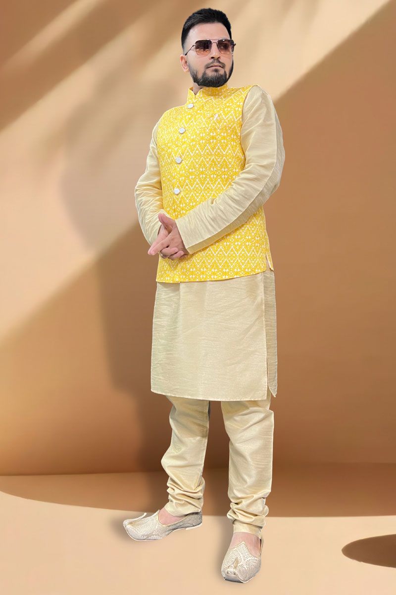 Vivacious Silk Fabric Function Wear Cream Kurta Pyjama With Yellow Jacket