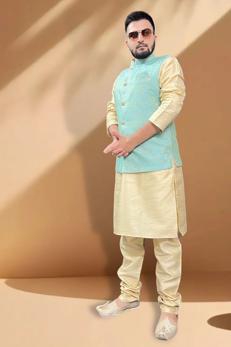 Splendiferous Silk Fabric Function Wear Cream Kurta Pyjama With Light Cyan Jacket