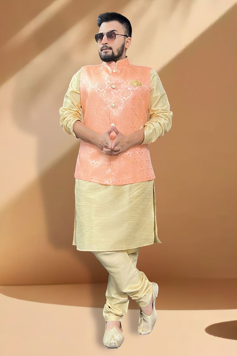 Majestic Silk Fabric Function Wear Cream Kurta Pyjama With Orange Jacket