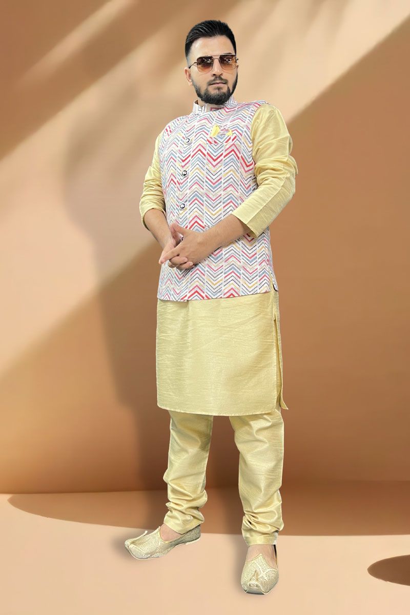 Sober Silk Fabric Function Wear Cream Kurta Pyjama With Grey Jacket