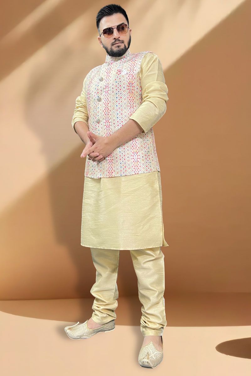 Graceful Silk Fabric Function Wear Cream Kurta Pyjama With Cream Jacket