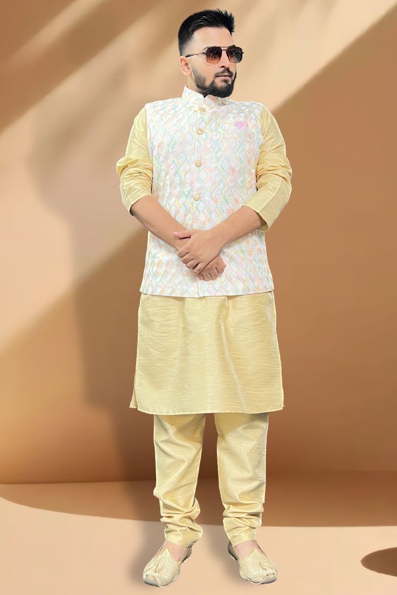 Artistic Silk Fabric Function Wear Cream Kurta Pyjama With White Jacket