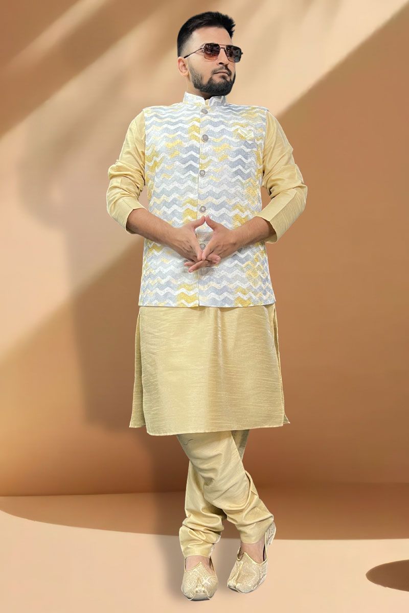 Trendy Textured Silk Fabric Function Wear Cream Kurta Pyjama With Grey Jacket