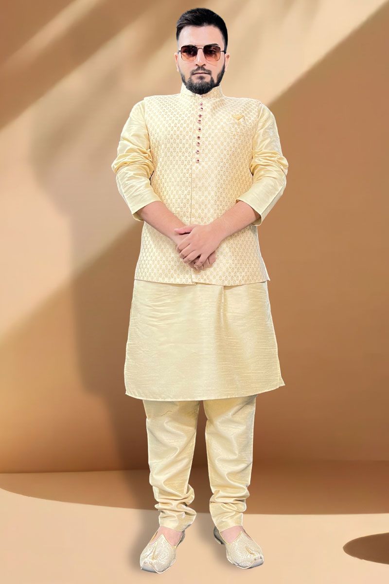 Intriguing Function Wear Cream Kurta Pyjama With Golden Jacket In Silk Fabric