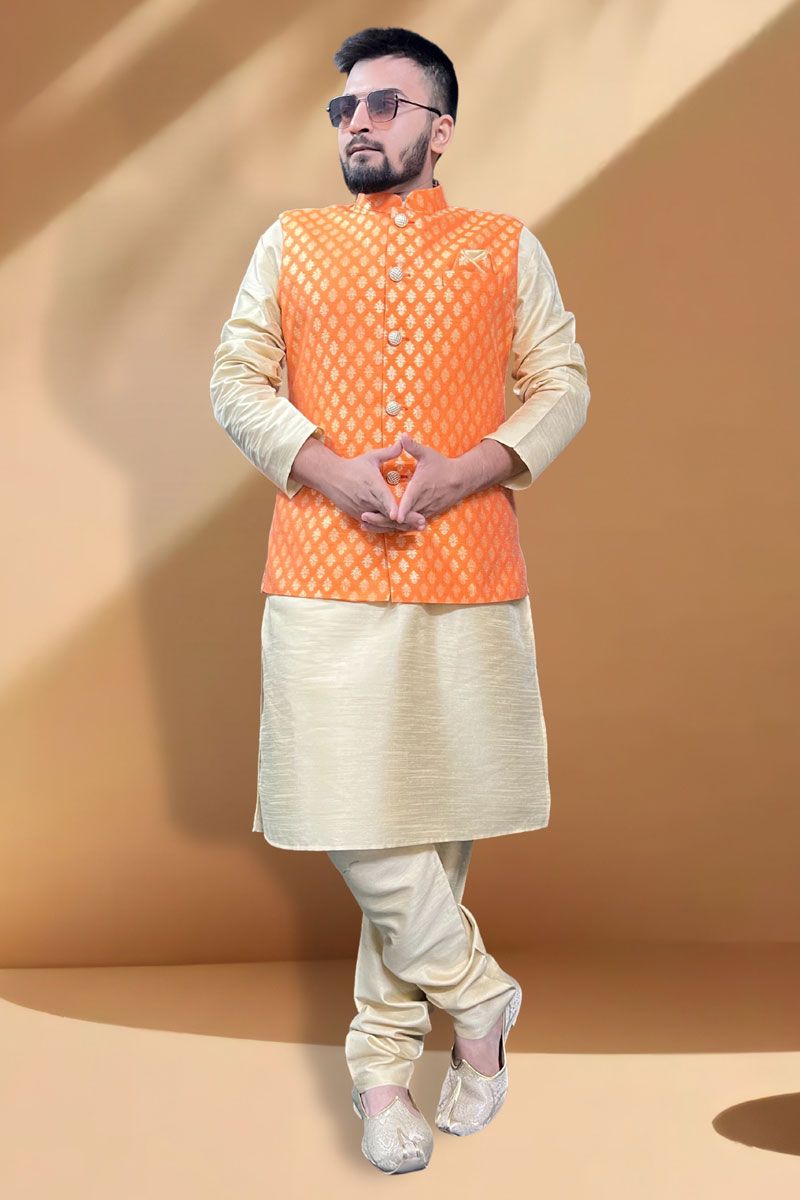 Silk Fabric Function Wear Royal Cream Kurta Pyjama With Orange Jacket