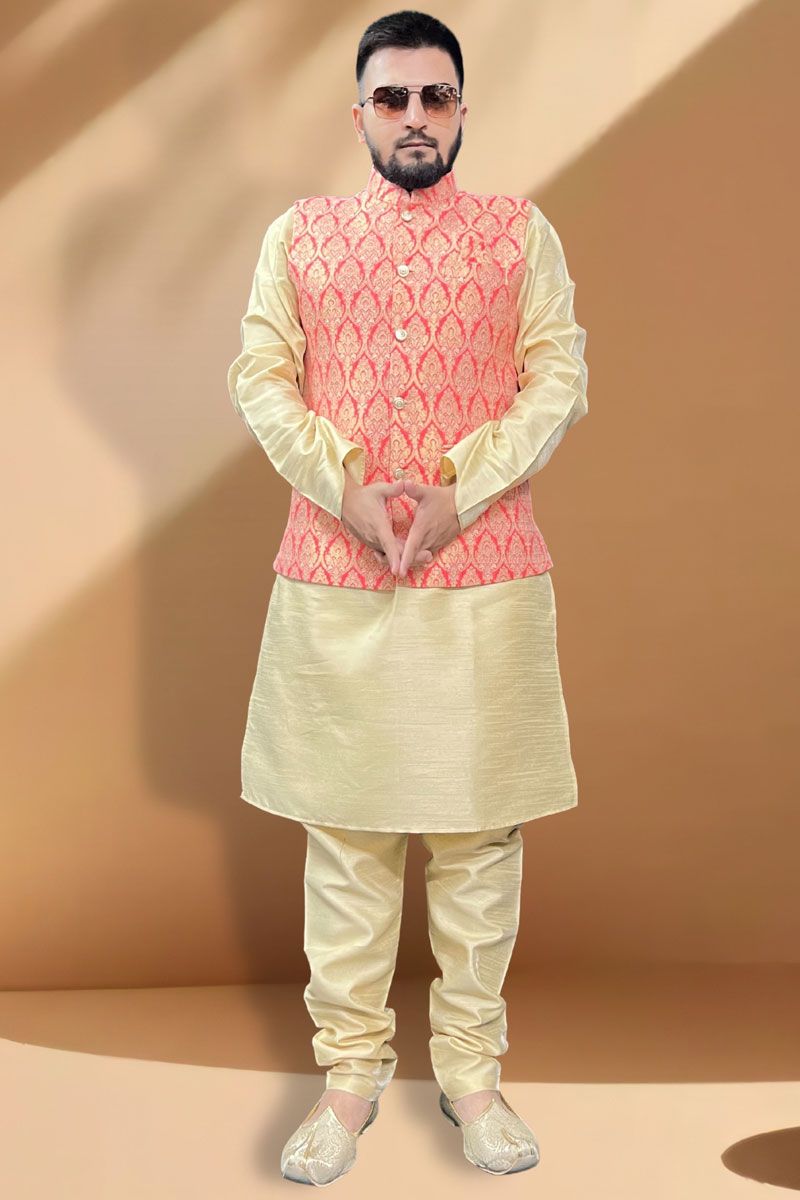 Engaging Silk Fabric Cream Kurta Pyjama With Pink Jacket In Function Wear