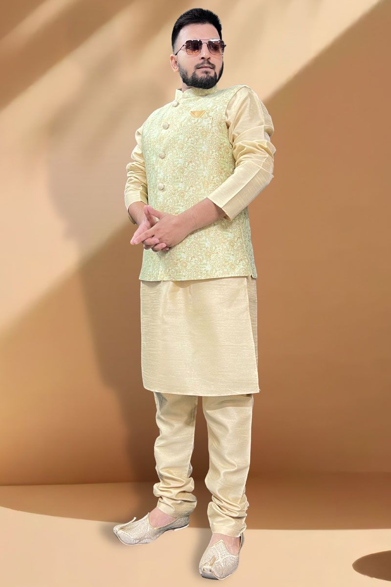 Enriching Silk Fabric Function Wear Cream Kurta Pyjama With Multi Jacket