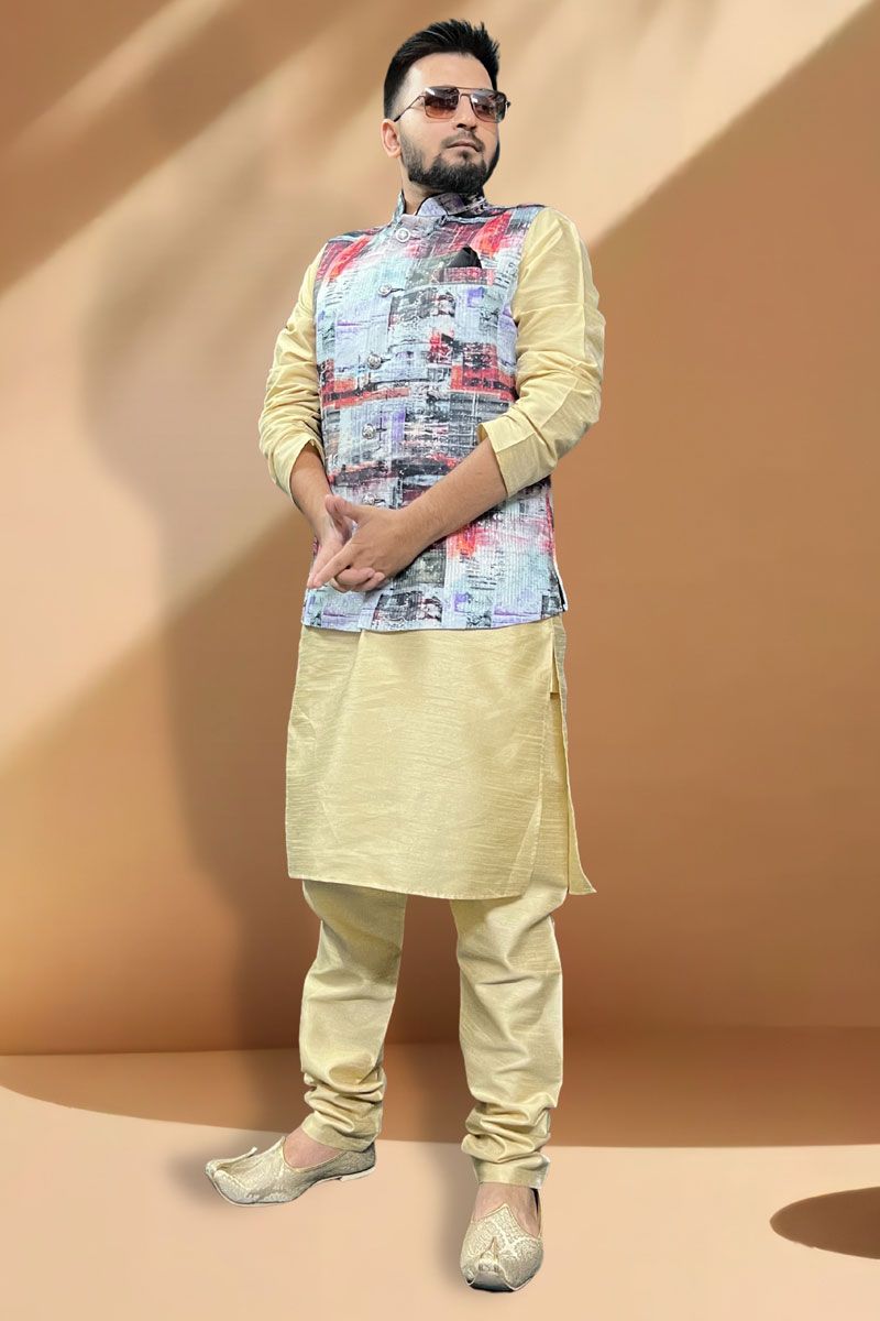 Extravagant Silk Fabric Cream Kurta Pyjama With Multi Jacket In Function Wear