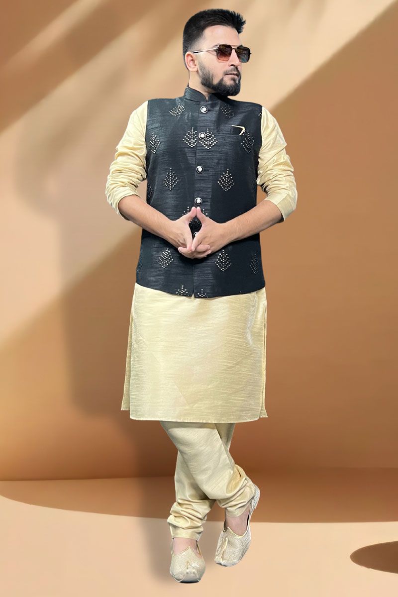 Graceful Silk Fabric Function Wear Cream Kurta Pyjama With Black Jacket