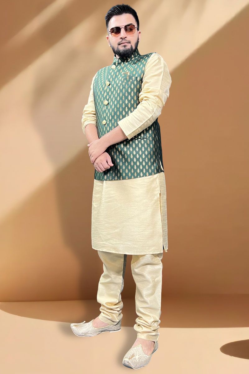 Silk Fabric Function Wear Magnificent Cream Kurta Pyjama With Green Jacket