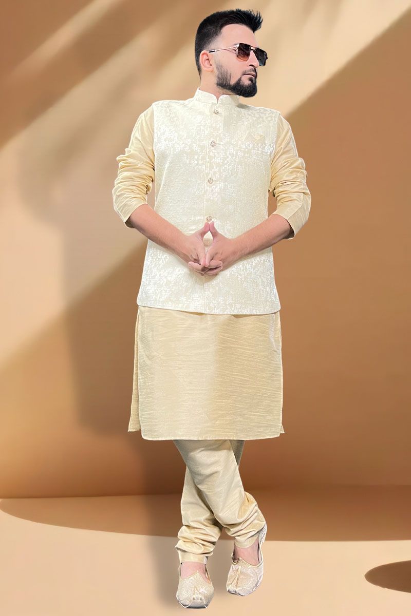 Silk Fabric Function Wear Artistic Cream Kurta Pyjama With Cream Jacket