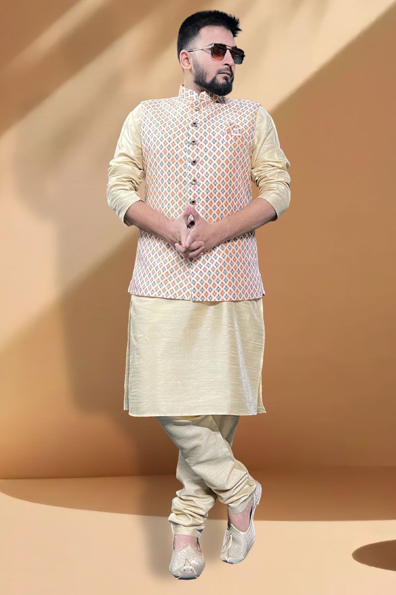 Function Wear Intriguing Cream Kurta Pyjama With Cream Jacket In Silk Fabric