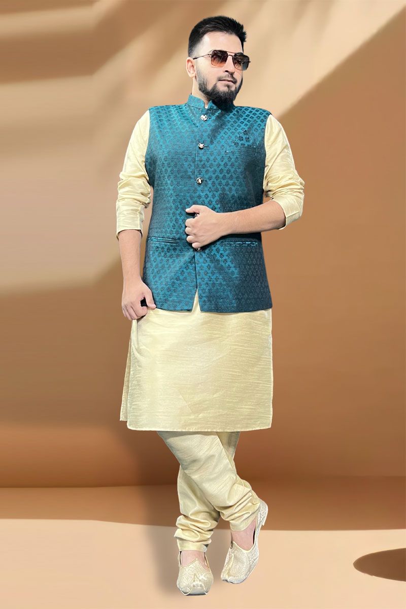 Silk Fabric Function Wear Cream Kurta Pyjama With Enriching Teal Jacket