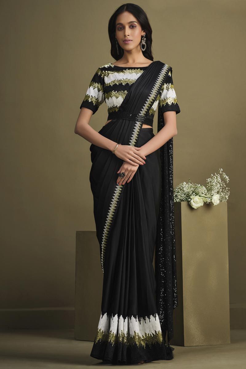 Sequins Work Black Crepe Ready To Wear Saree With Semi Stitched Blouse