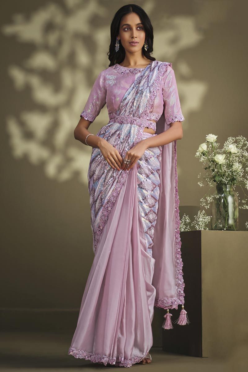 Crepe And Satin Silk Pink Sequins Work Ready To Wear Saree With Semi Stitched Blouse