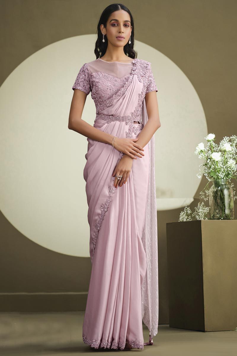 Sequins Work Crepe And Georgette Pink Ready To Wear Saree With Semi Stitched Blouse