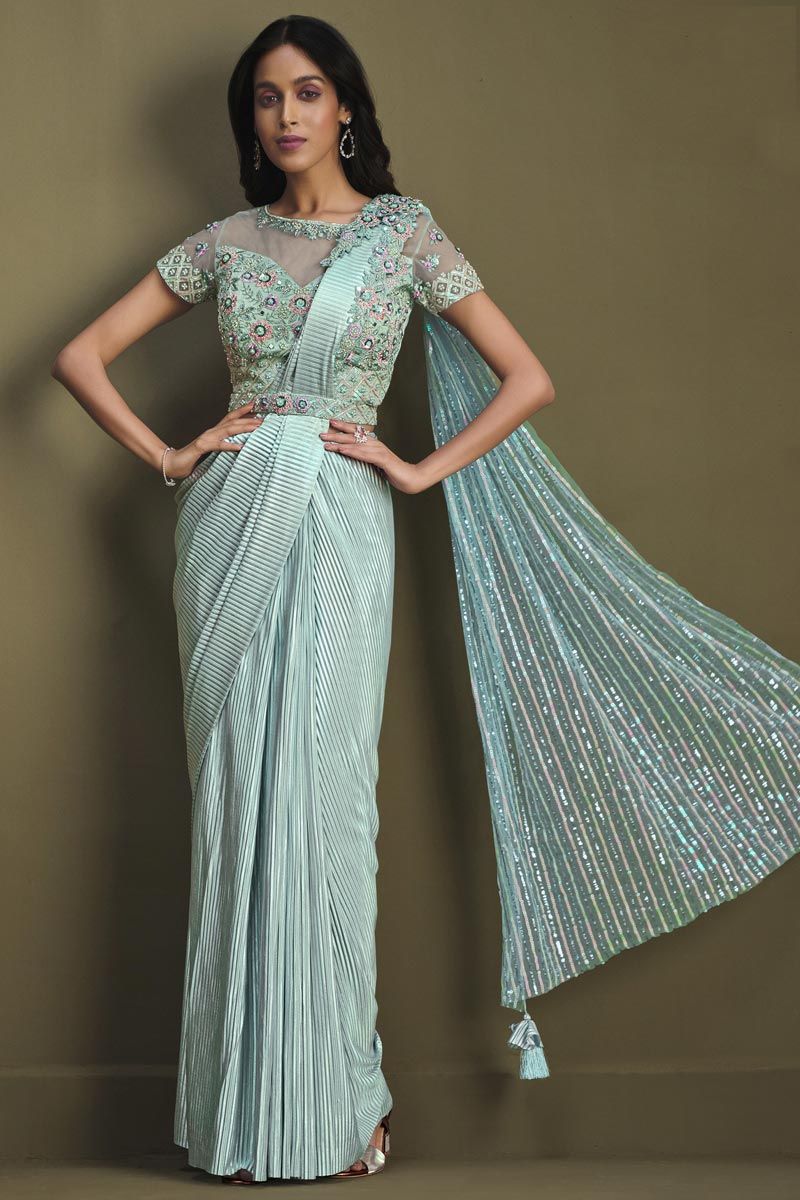 Crepe Light Cyan Sequins Work Ready To Wear Saree With Semi Stitched Blouse