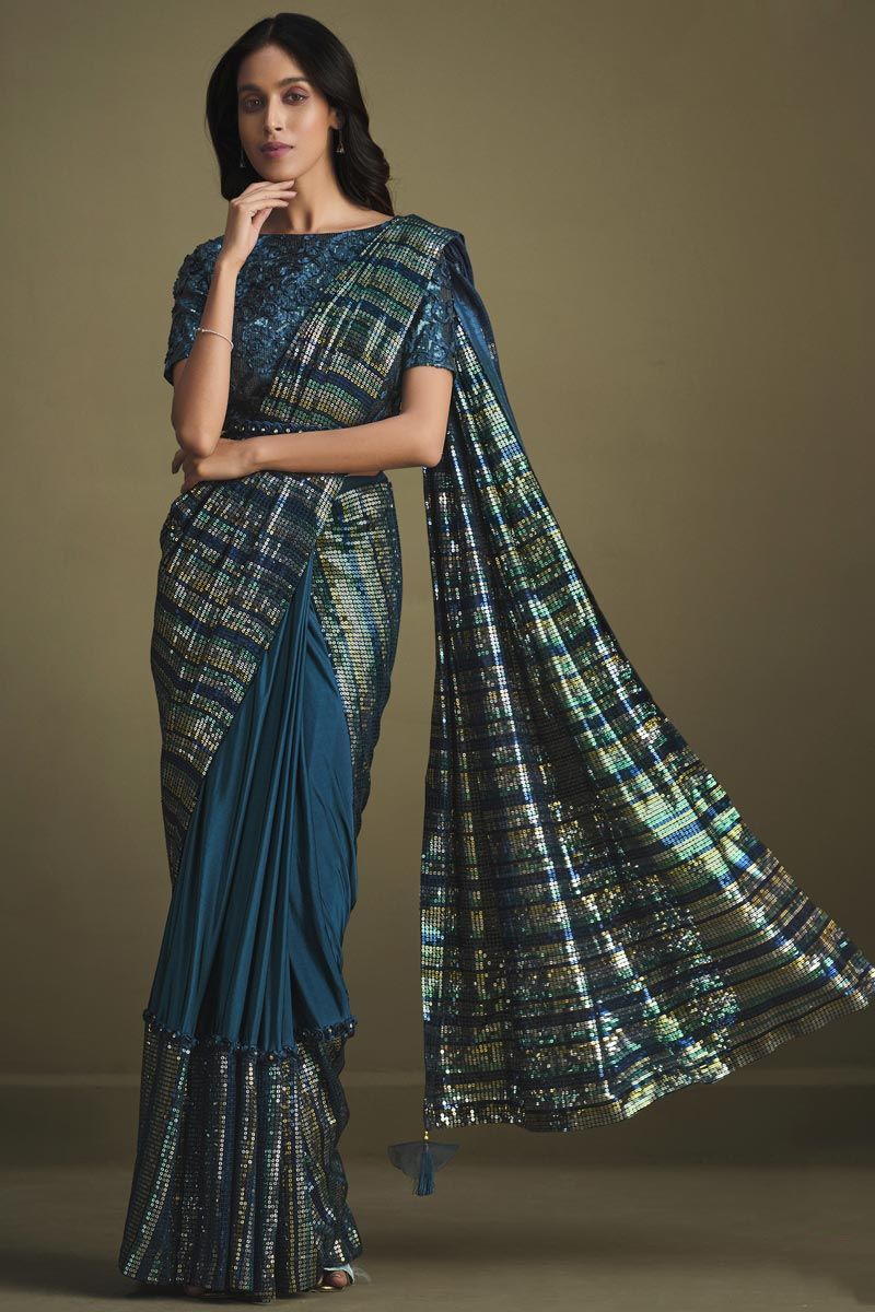 Art Silk Teal Sequins Work Ready To Wear Saree With Semi Stitched Blouse