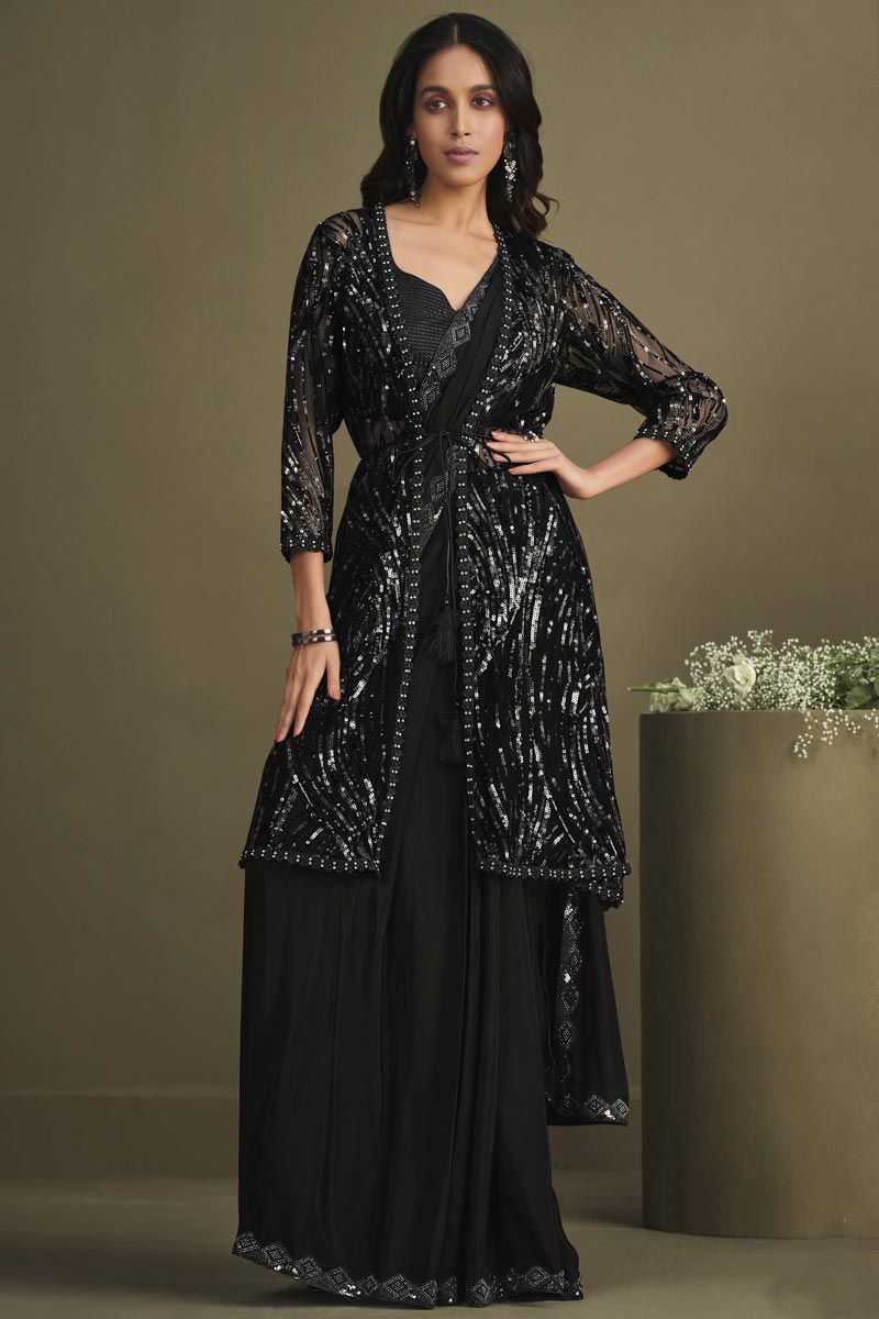 Black Sequins Work Ready To Wear Saree With Semi Stitched Blouse