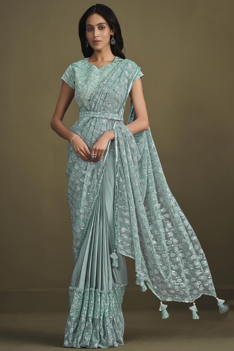 Light Cyan Sequins Work Crepe Ready To Wear Saree With Semi Stitched Blouse