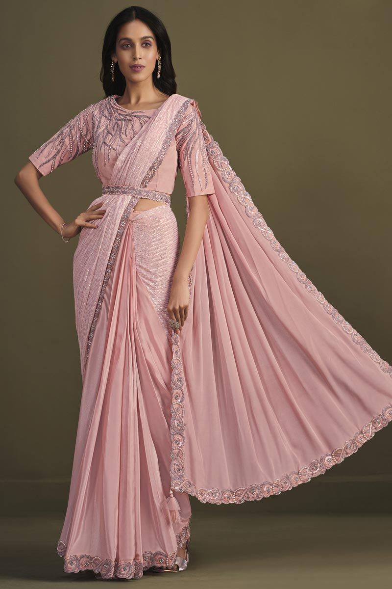 Sequins Work On Peach Georgette Ready To Wear Saree With Semi Stitched Blouse