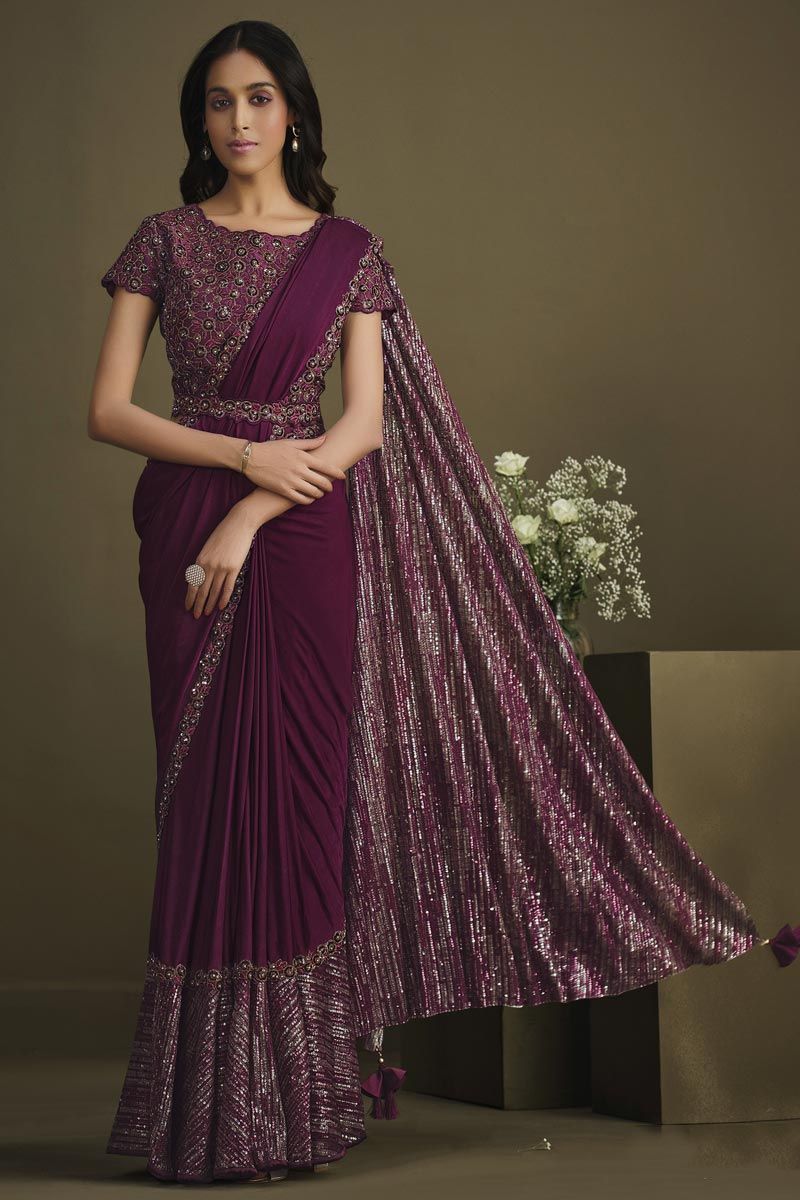 Sequins Work On Art Silk Maroon Ready To Wear Saree With Semi Stitched Blouse