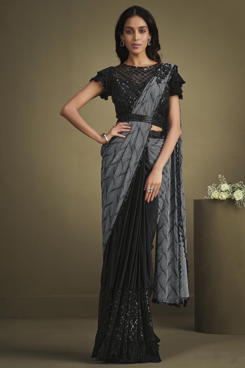 Crepe Black Sequins Work Ready To Wear Saree With Semi Stitched Blouse