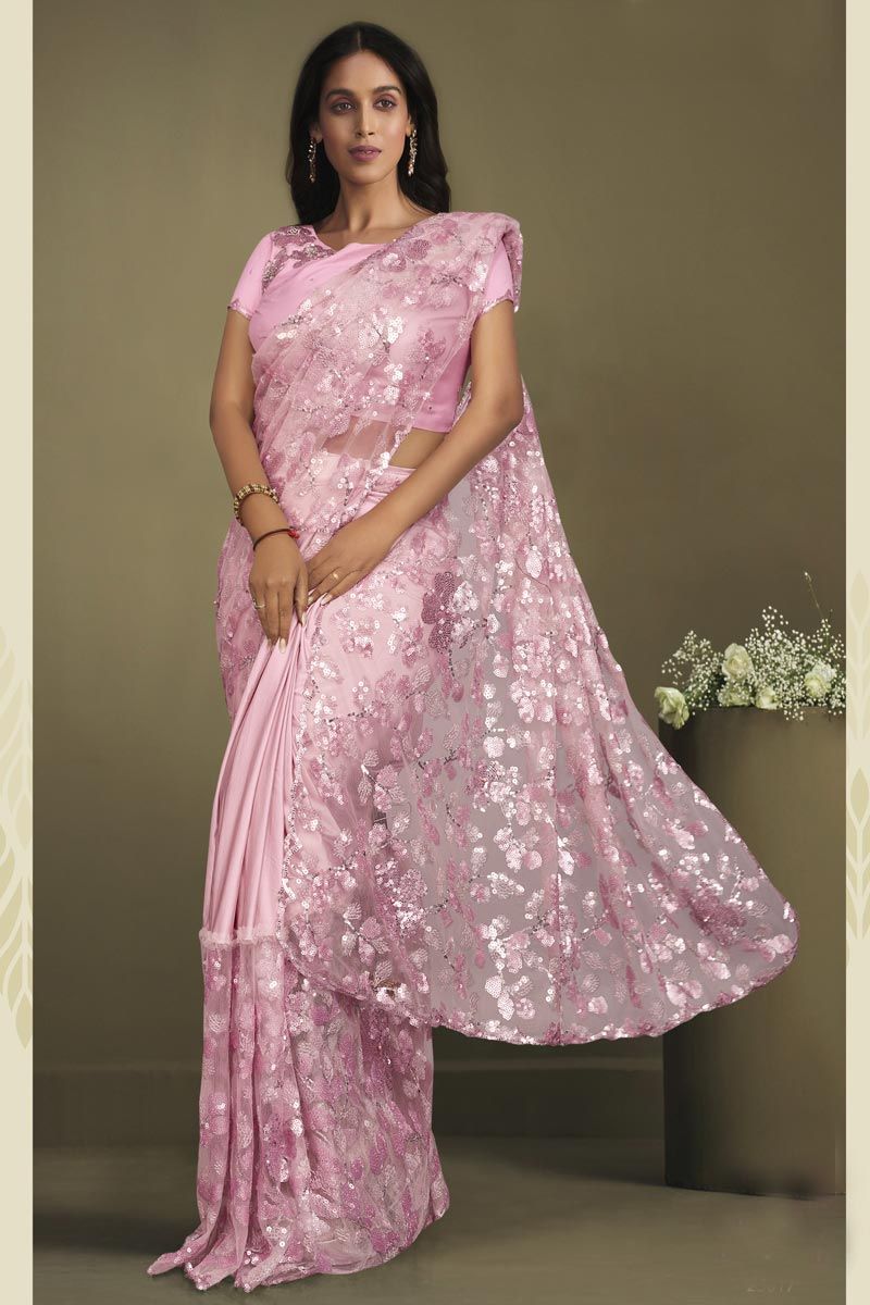 Pink Crepe And Lycra Sequins Work Ready To Wear Saree With Semi Stitched Blouse