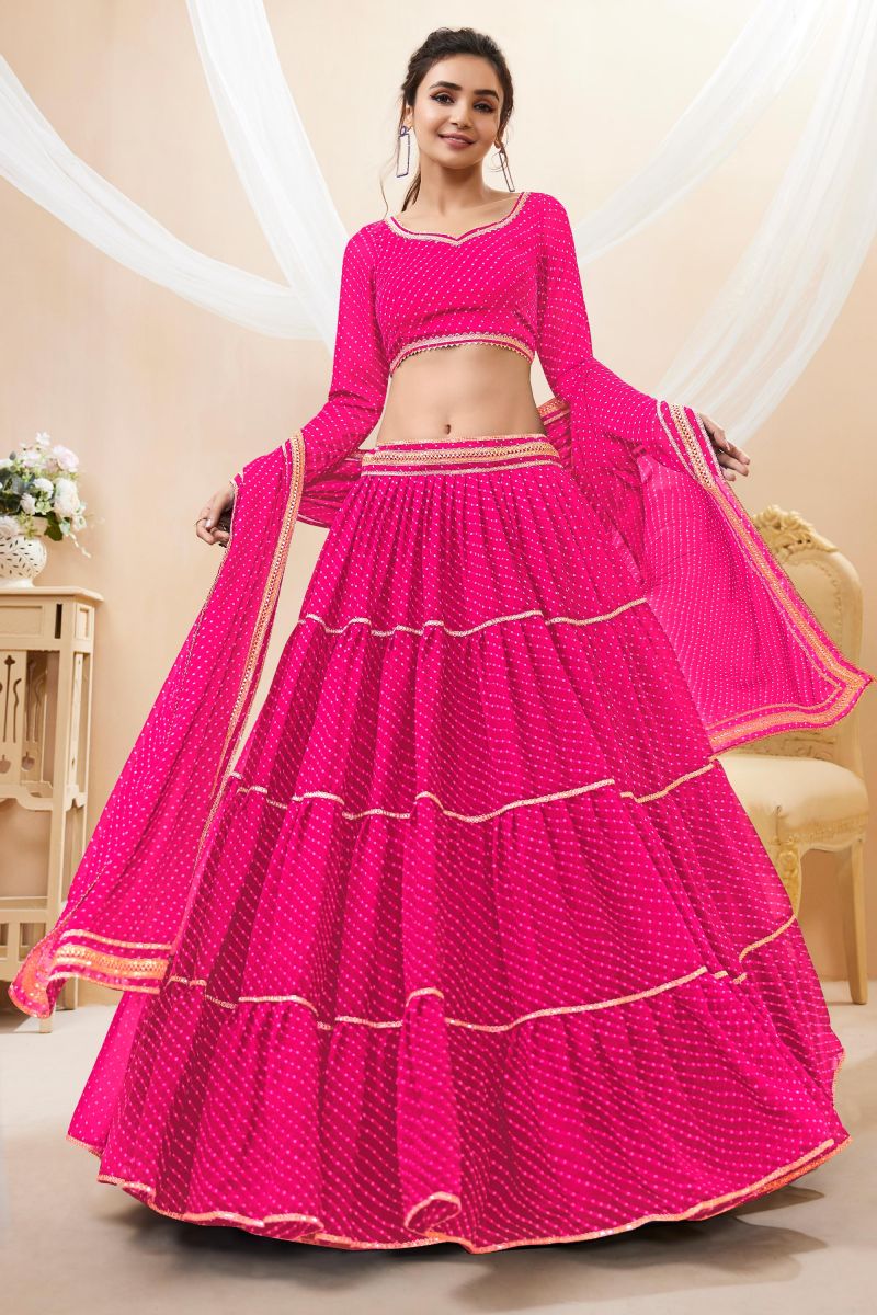 Georgette Fabric Pink Color Delicate Leheriya Printed Lehenga