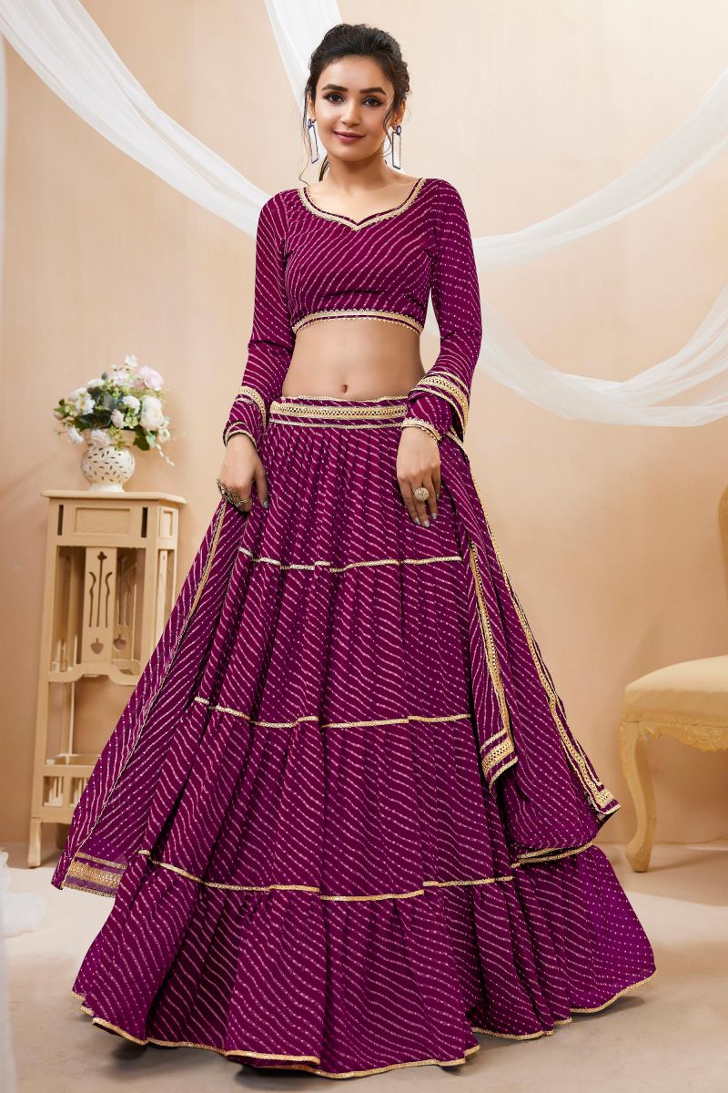 Engaging Purple Color Georgette Fabric Leheriya Printed Lehenga