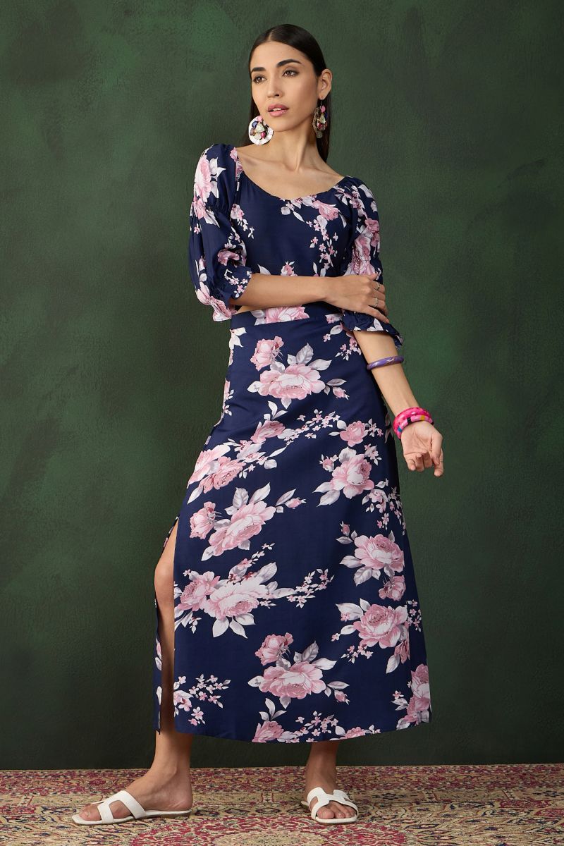 Crepe Floral Printed Top With Matching Skirt