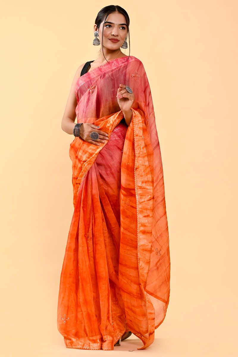 Embellished Casual Cotton Saree In Pink And Orange Color