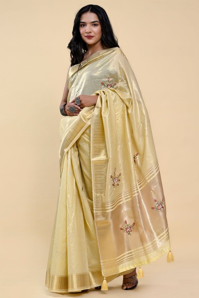 Cotton Silk Fabric Yellow Color Casual Saree