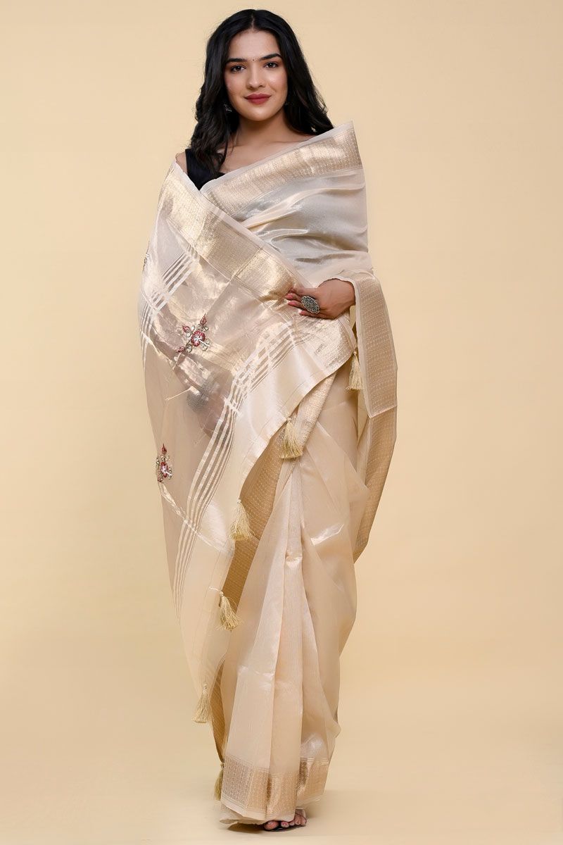 Cream Color Cotton Silk Fabric Casual Saree