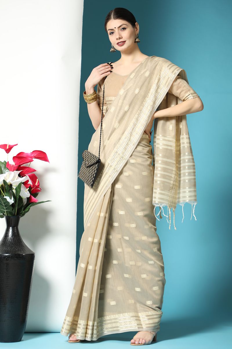 Casual Look Cotton Fabric Beige Color Saree