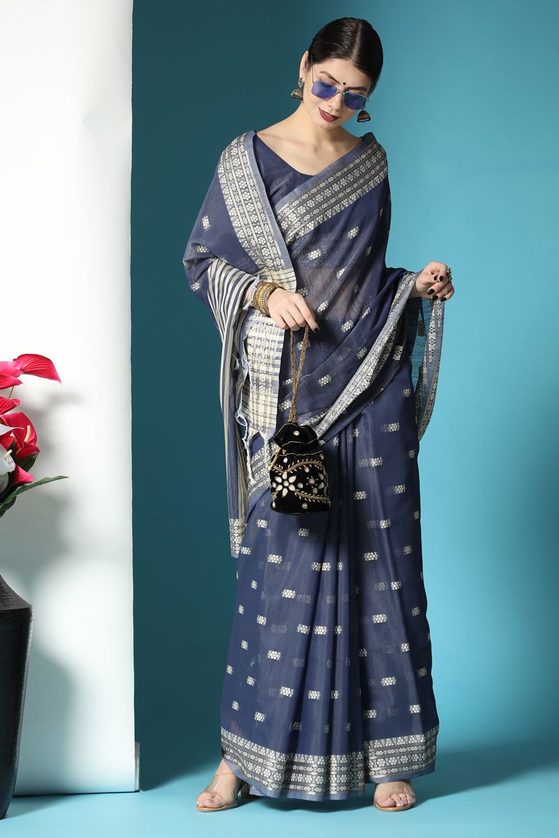 Classic Casual Look Navy Blue Color Saree