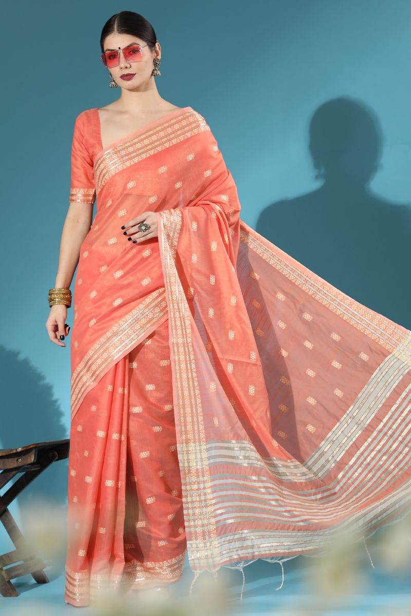 Casual Look Cotton Fabric Orange Color Saree