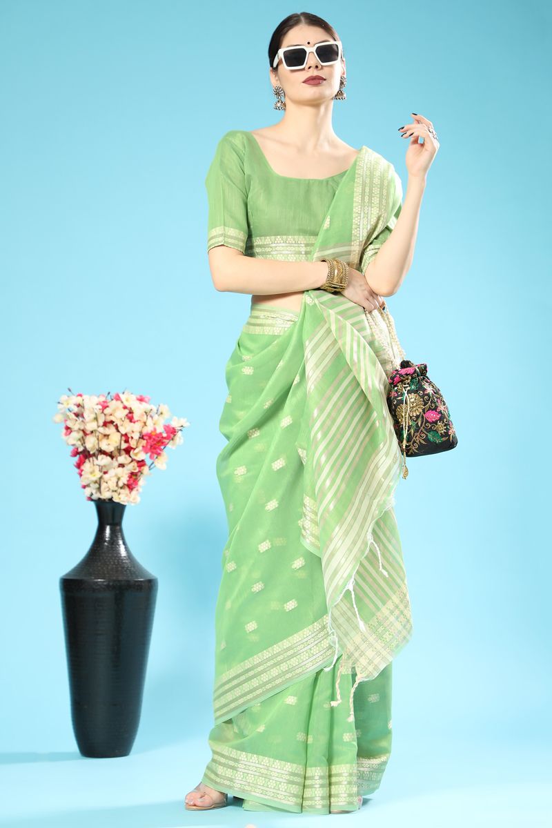 Creative Green Color Cotton Fabric Saree